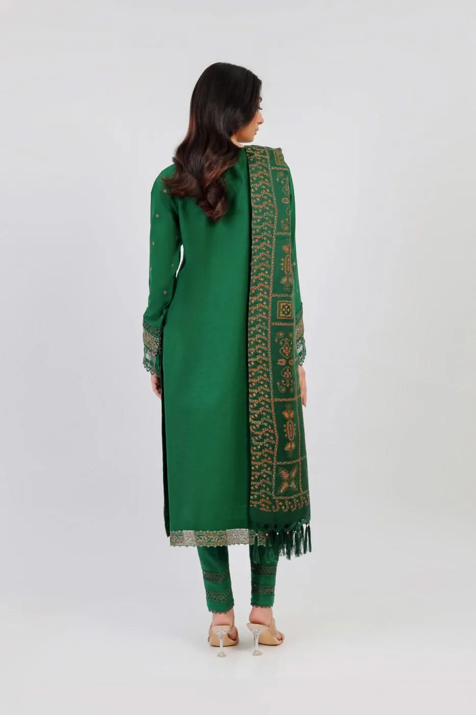 3 Pc Embroidered Khaddar Suit With Shawl