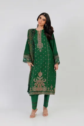 3 Pc Embroidered Khaddar Suit With Shawl