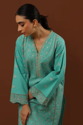 55% OFF TURQUOISE LAWN EMBROIDERED SET (KURTA & TROUSER) NPA2-23316