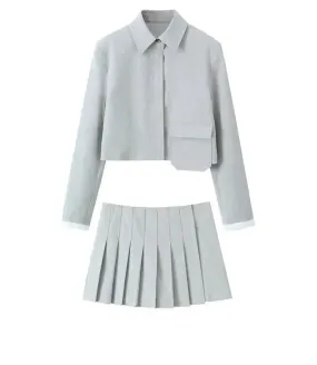 A&A Chic Button Jacket Patch Pocket And Pleated Skirt Set