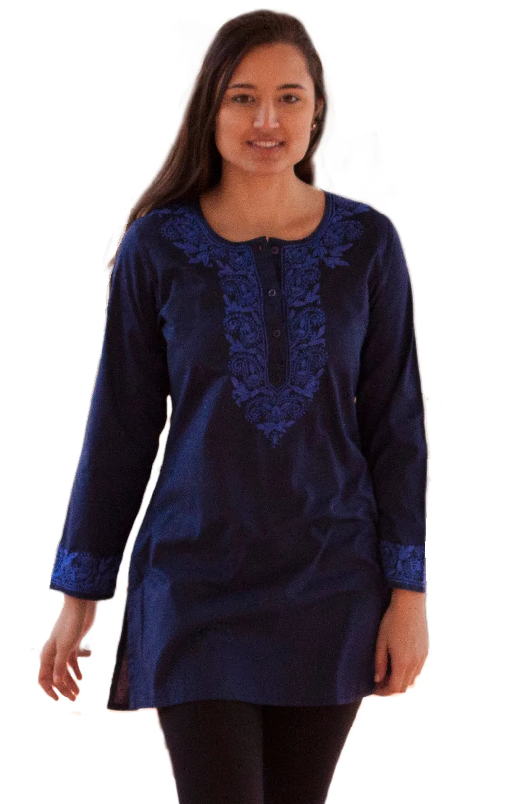 ADITI Pure Cotton Round Neck, Hand Embroidered Tunic, Kurti, Regular and Plus Sizes