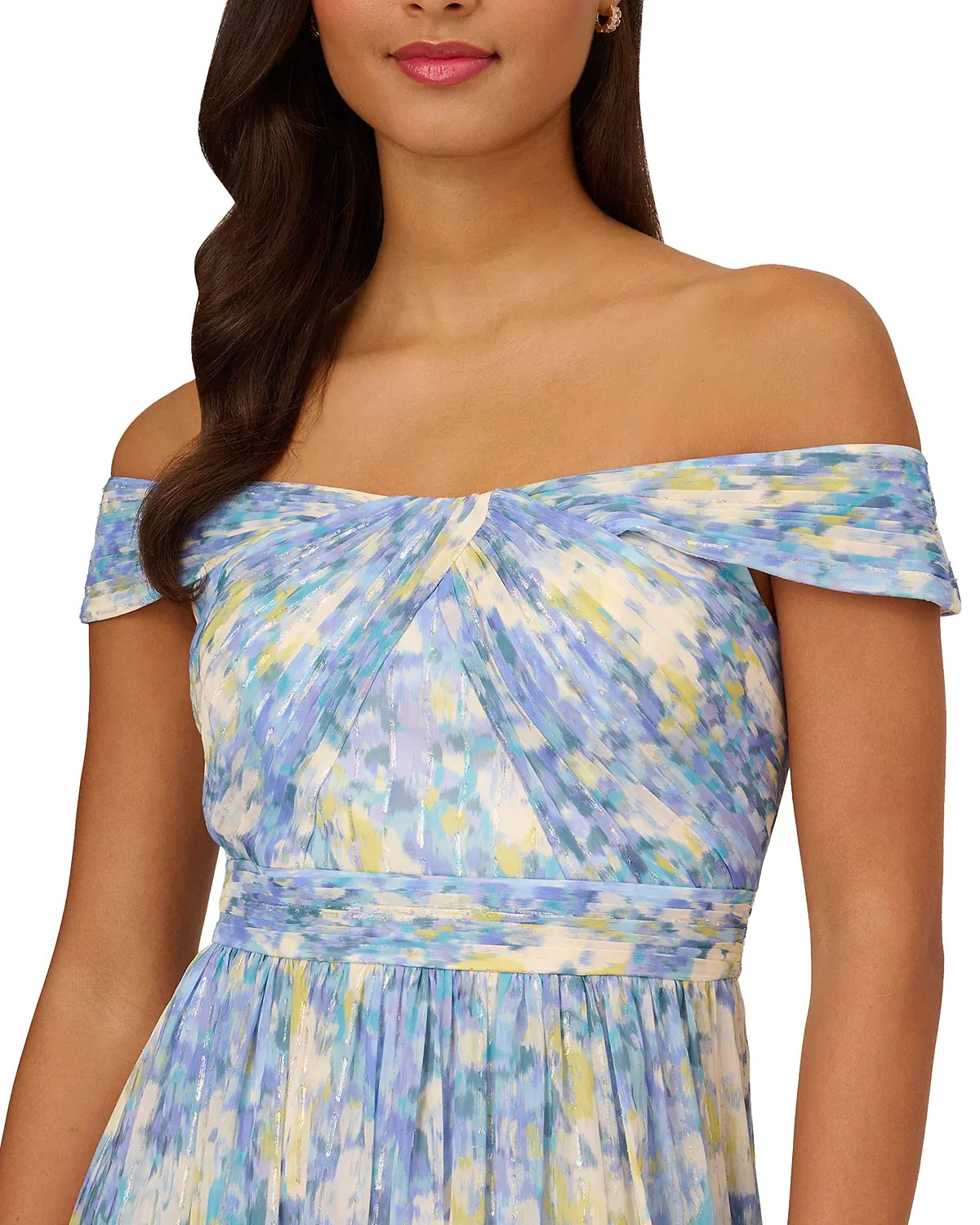 Adrianna Papell Pleated Off-the-Shoulder Gown