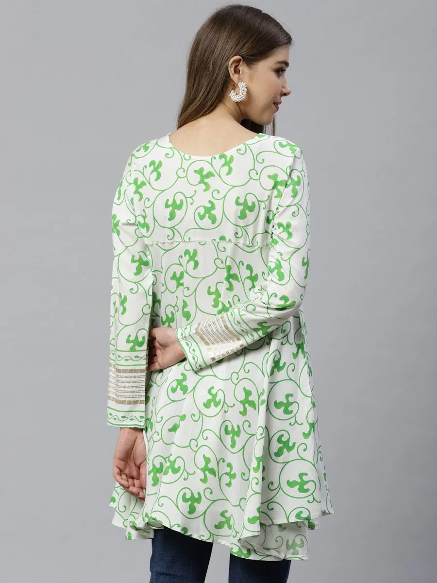 Ahalyaa White & Green Ethnic Printed Asymmetric Tunic