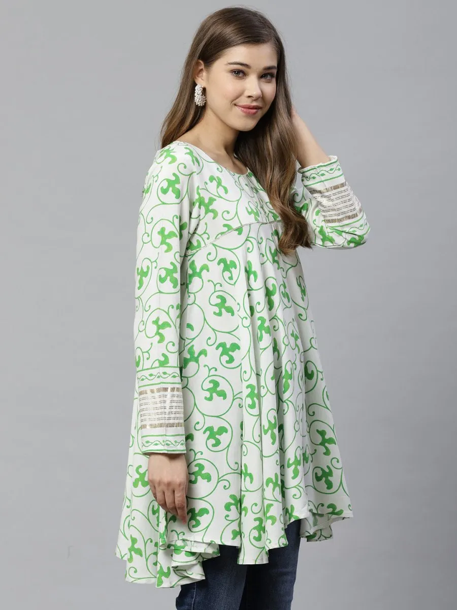 Ahalyaa White & Green Ethnic Printed Asymmetric Tunic