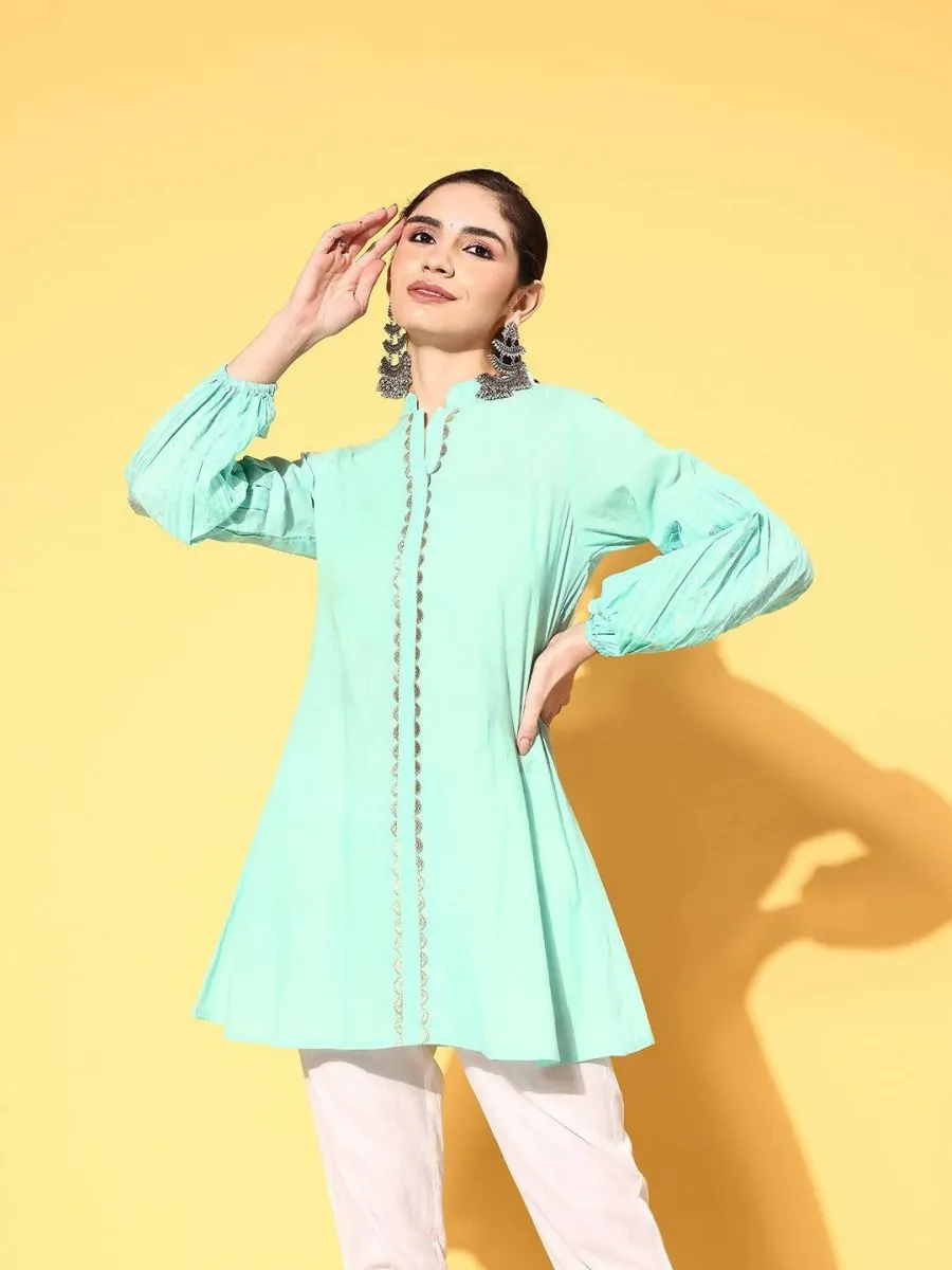 Ahalyaa Women Mint Green Pure Cotton Silver Print Tunic