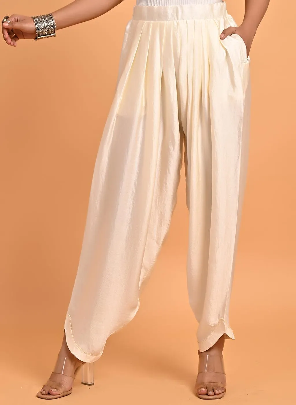 Aina Ivory Loose Fit Satin Dhoti Pants for Women