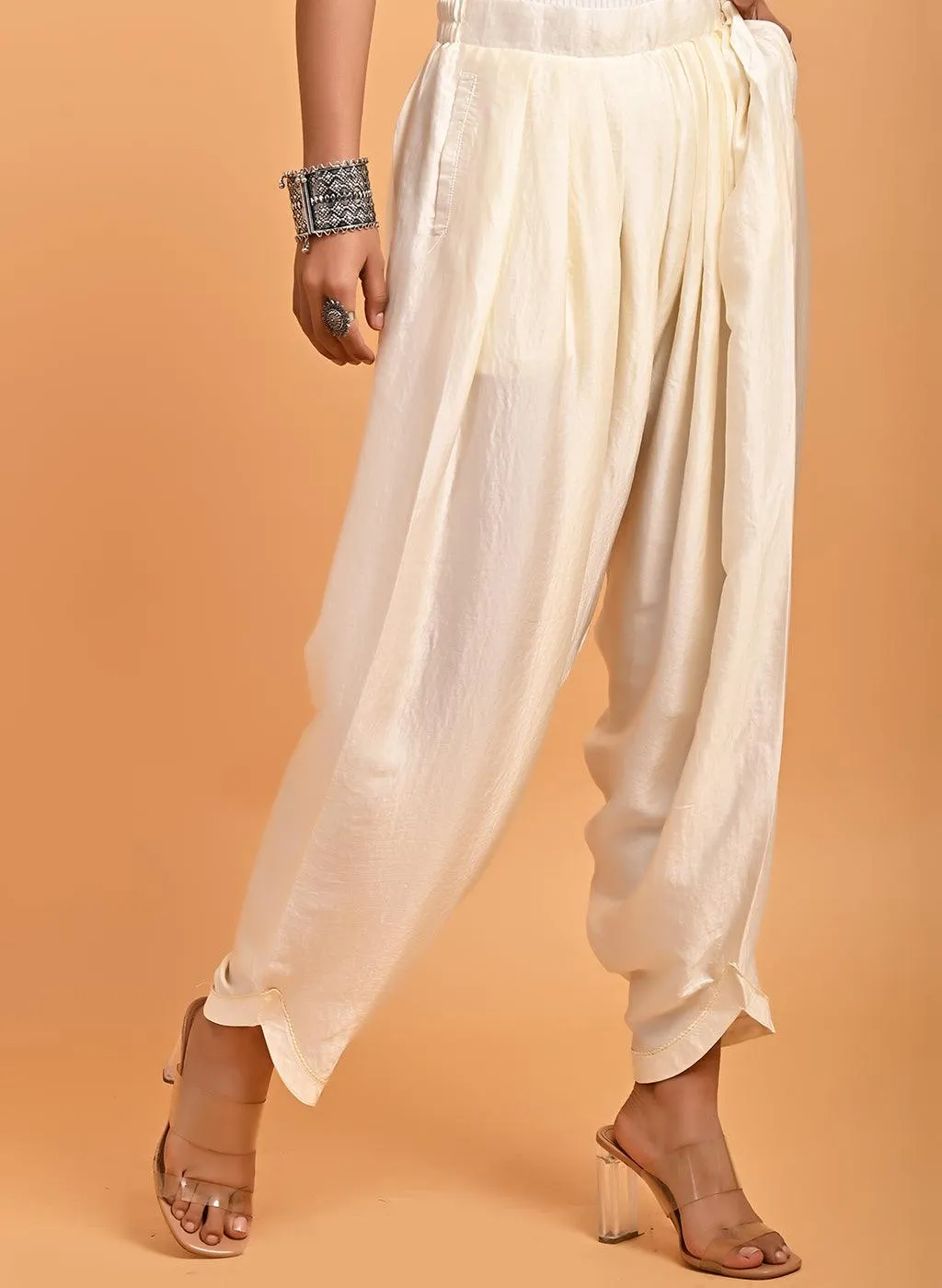 Aina Ivory Loose Fit Satin Dhoti Pants for Women