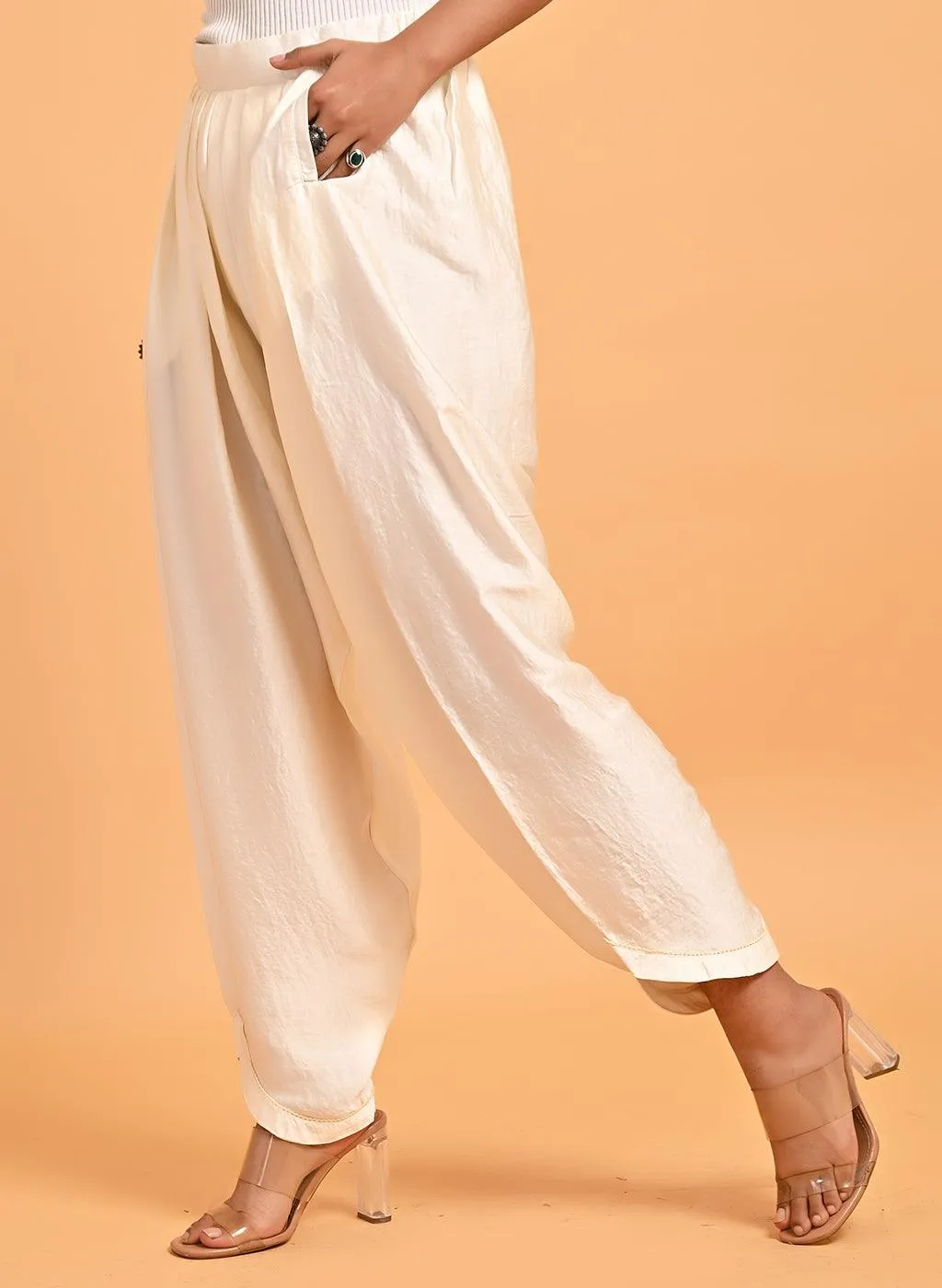 Aina Ivory Loose Fit Satin Dhoti Pants for Women