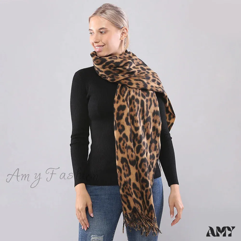 Autumn Winter Long Leopard Print Fringe Double-Sided Thick Warm Cozy Scarf