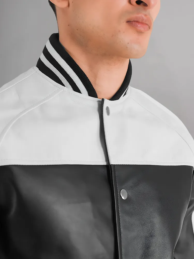 BLACK & WHITE BIKER LEATHER JACKET