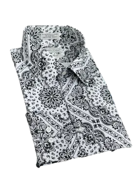 Black and White Paisley Print Long Sleeve Men's Dress casual Shirts