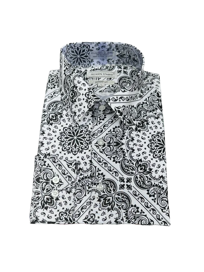 Black and White Paisley Print Long Sleeve Men's Dress casual Shirts