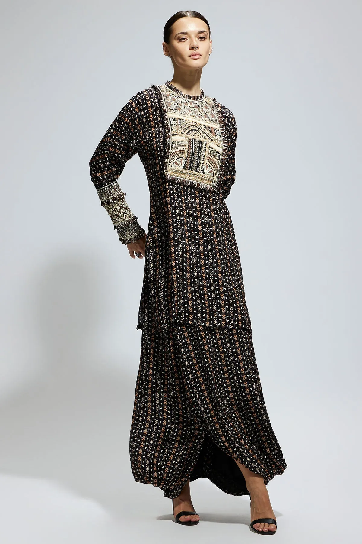 Black Boho Printed Yoke Embroidered Kurta with Drape Skirt