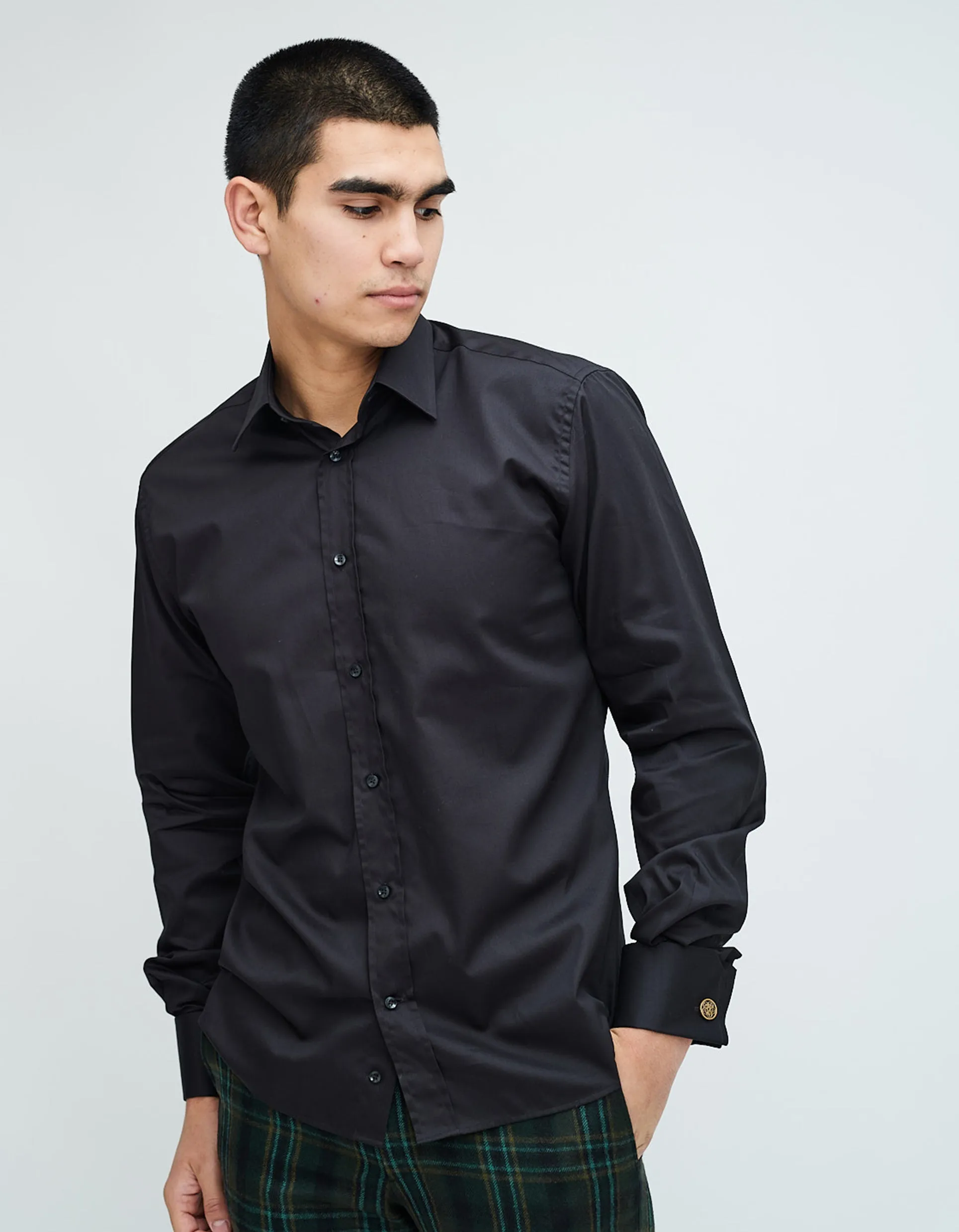 Black Double Cuff Kent Collar Shirt