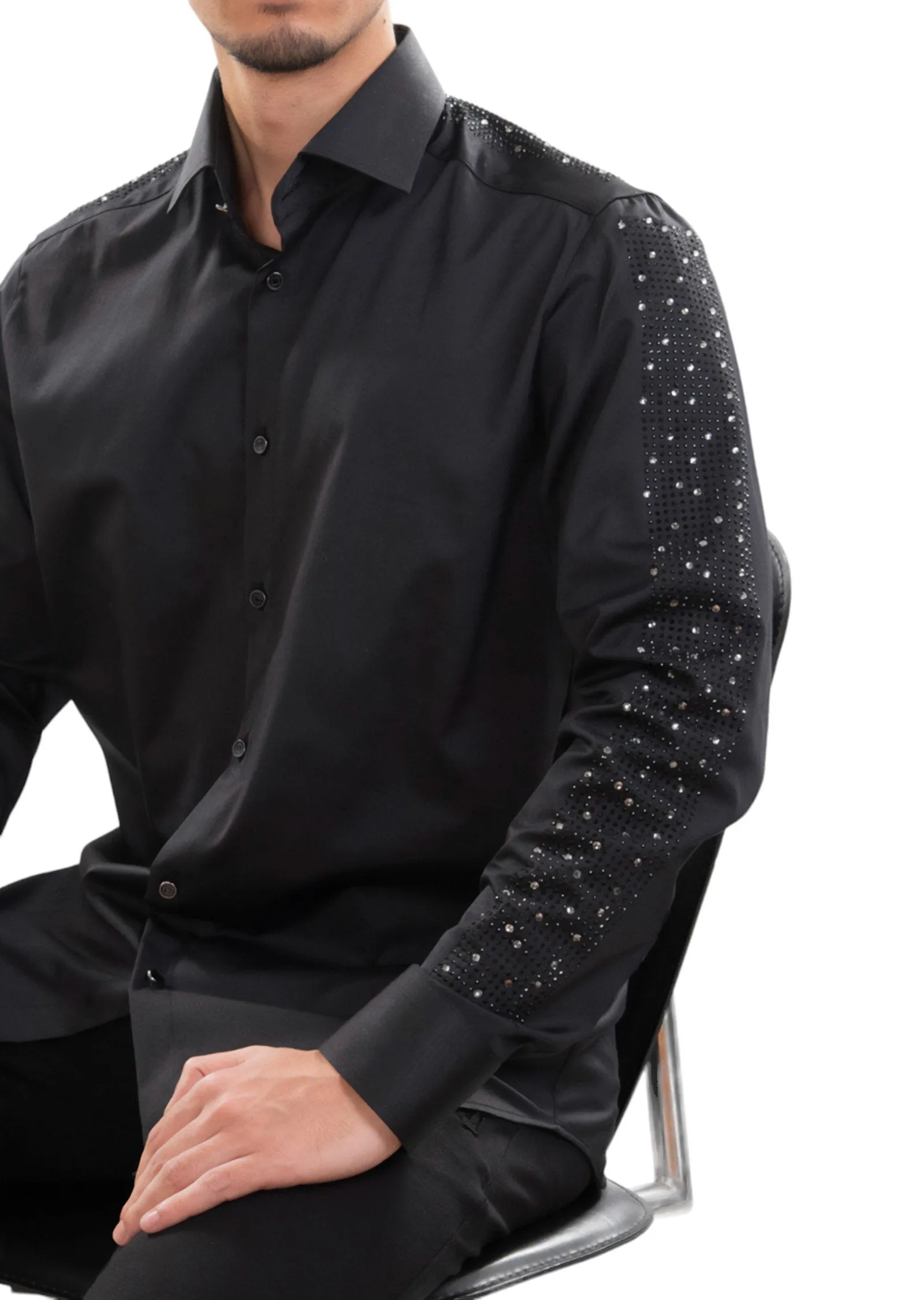 Black Full Sleeves Rhinestone Shirt