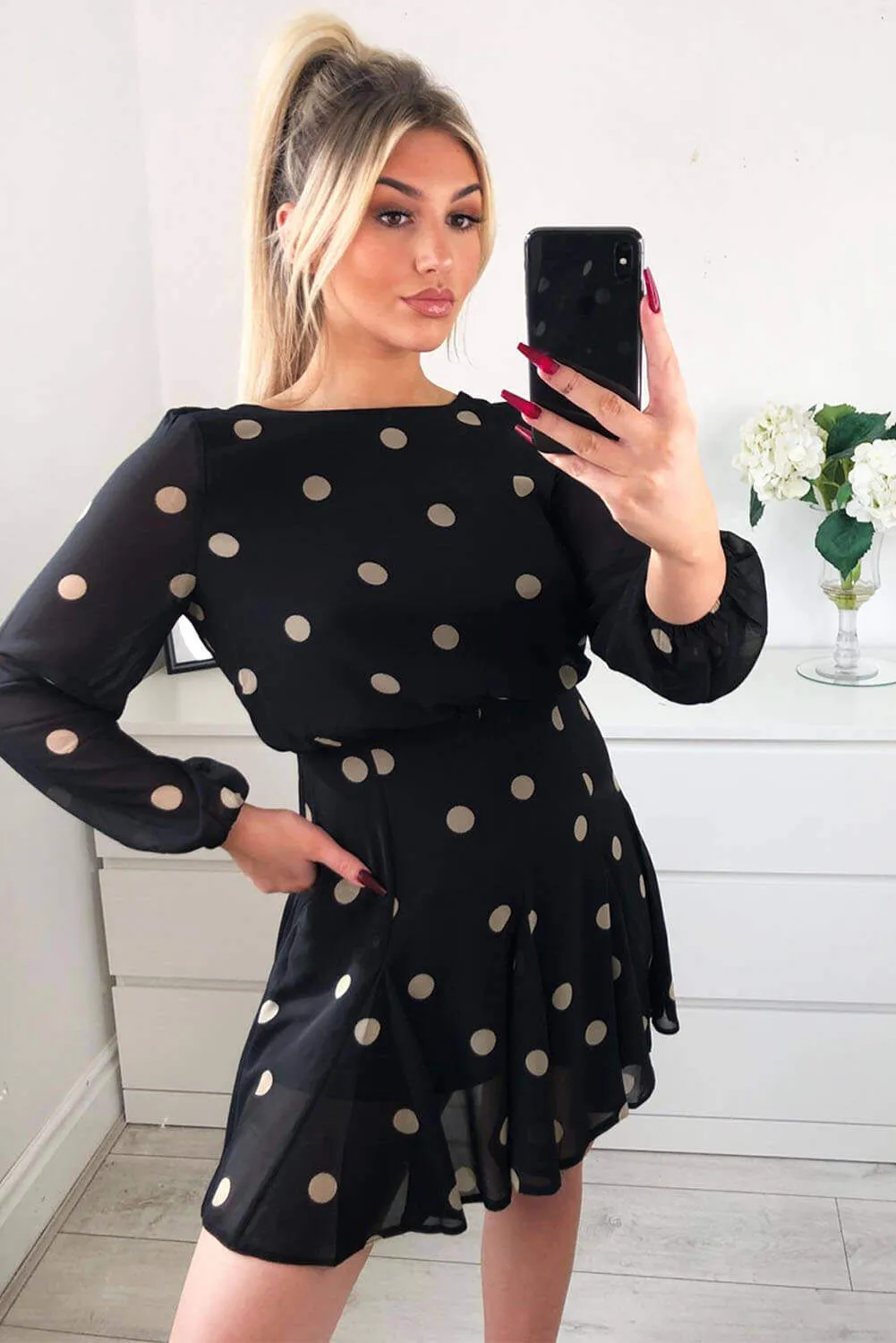 Black Spotty Pleated Skirt Dress