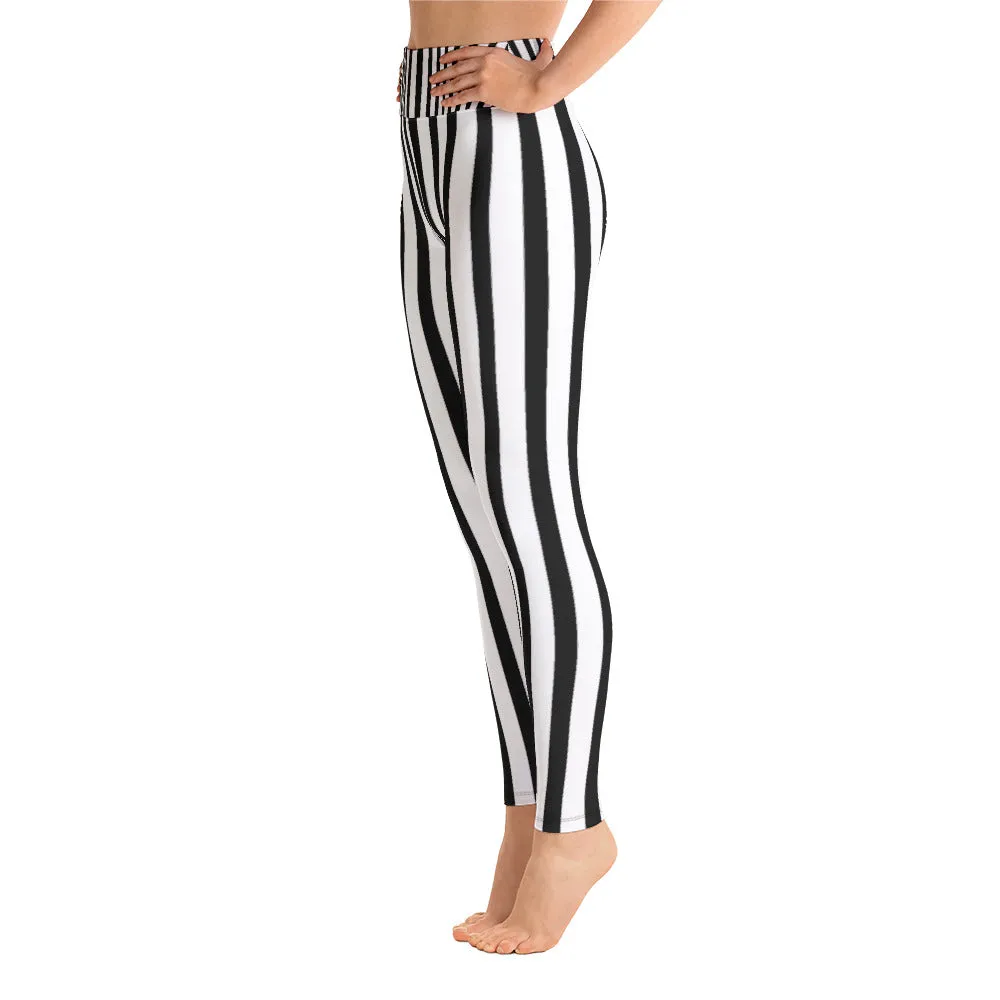 Black White Striped Yoga Leggings, Long Women's Yoga Pants Gym Tights- Made in USA/EU