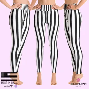 Black White Striped Yoga Leggings, Long Women's Yoga Pants Gym Tights- Made in USA/EU