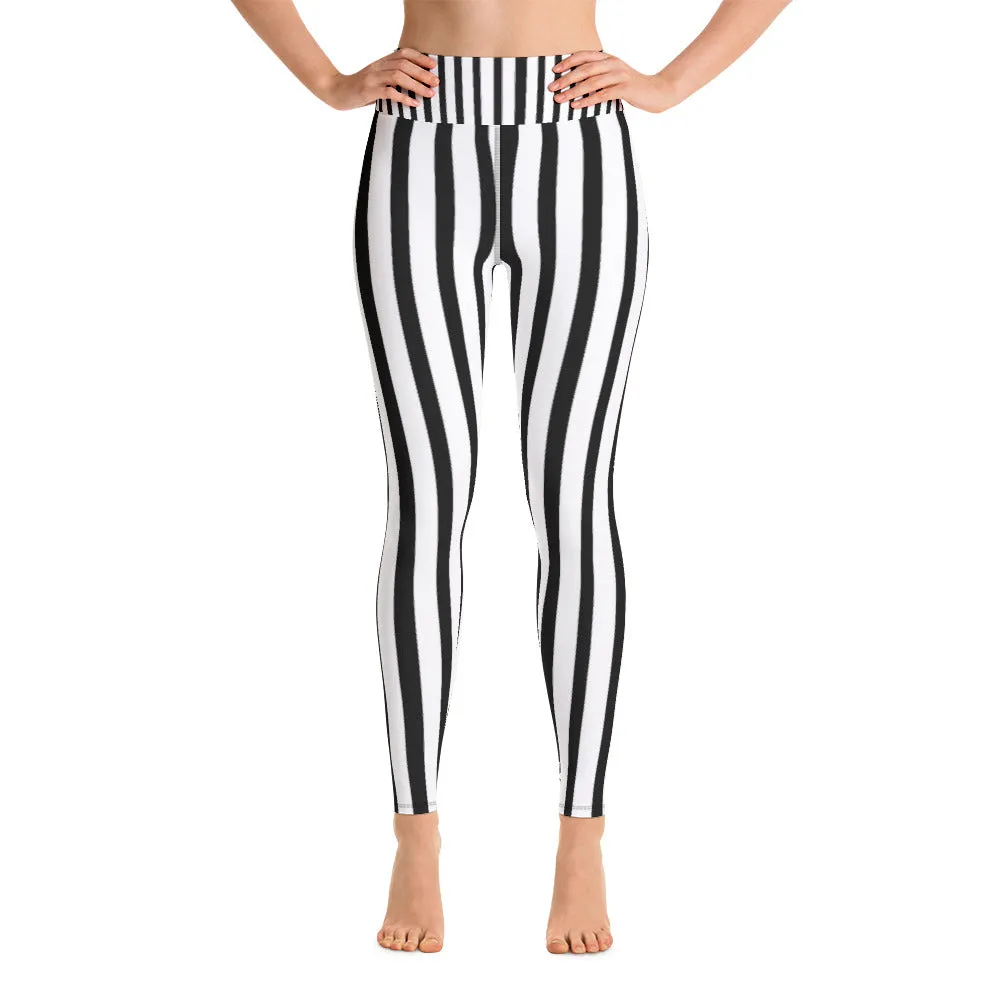 Black White Striped Yoga Leggings, Long Women's Yoga Pants Gym Tights- Made in USA/EU