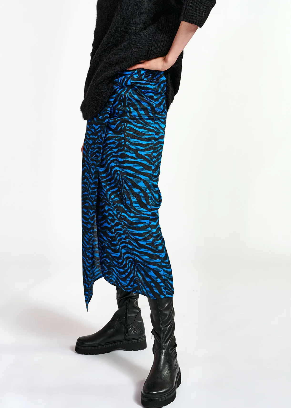 Blue and black wrap effect long pencil skirt