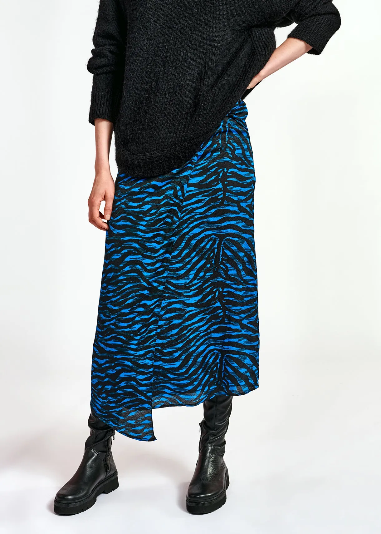 Blue and black wrap effect long pencil skirt