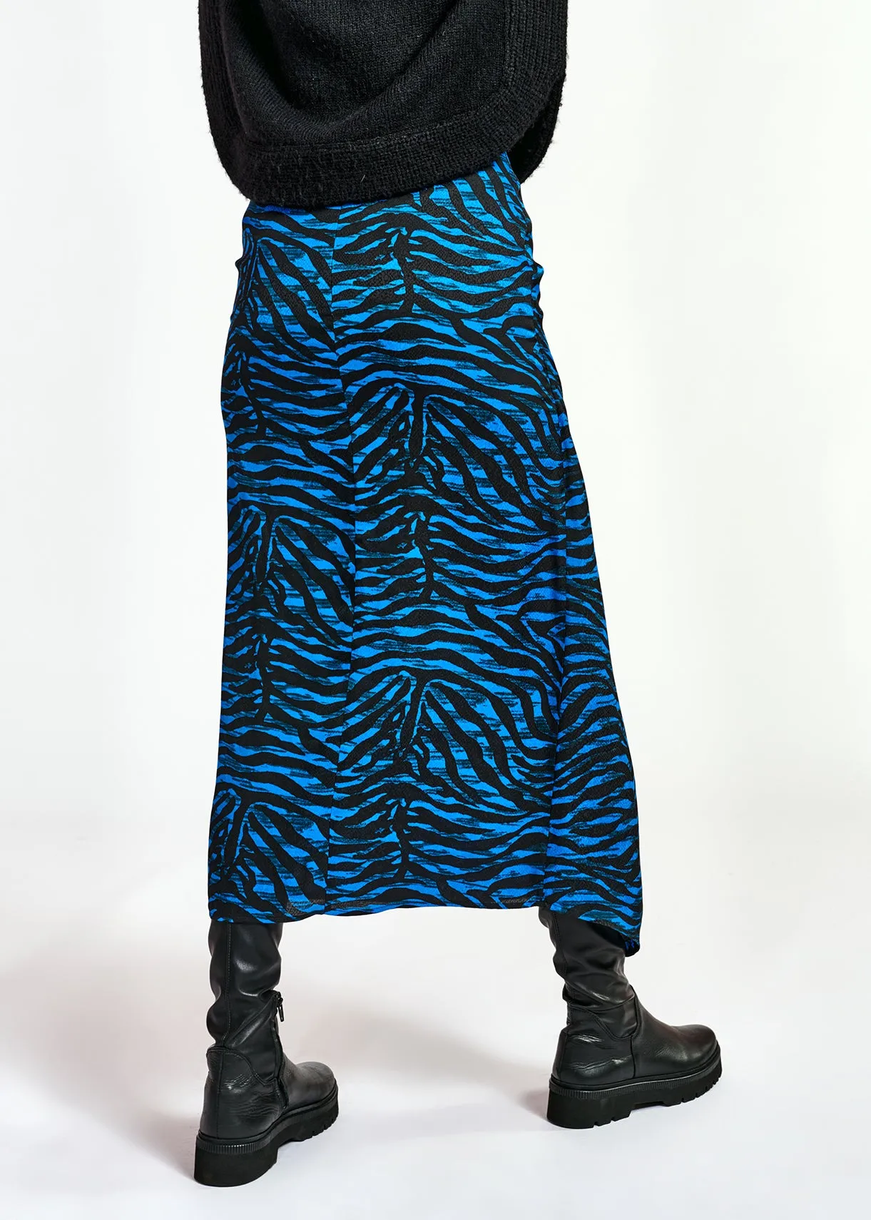 Blue and black wrap effect long pencil skirt