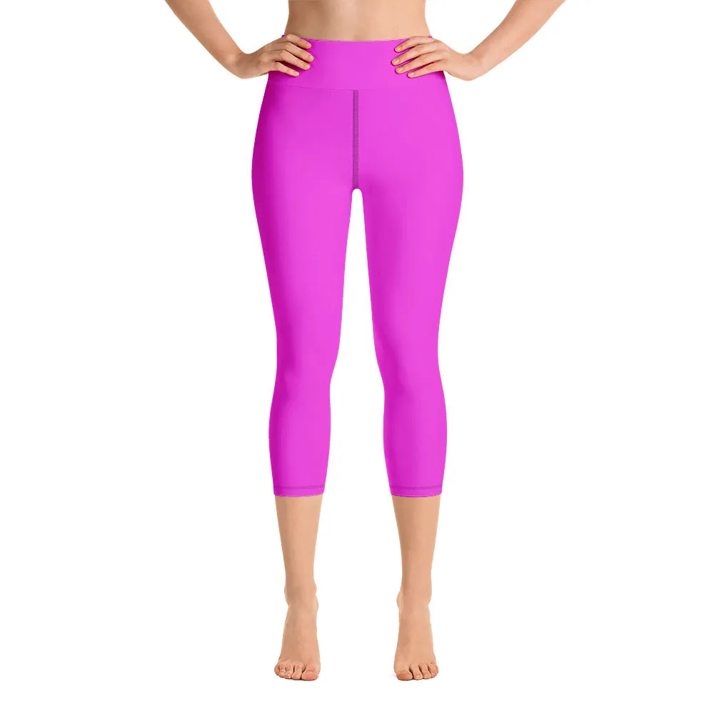 Bright Solid Hot Pink Capri Leggings, Sports Fitness Yoga Pants-Made in USA/ EU (XS-XL)