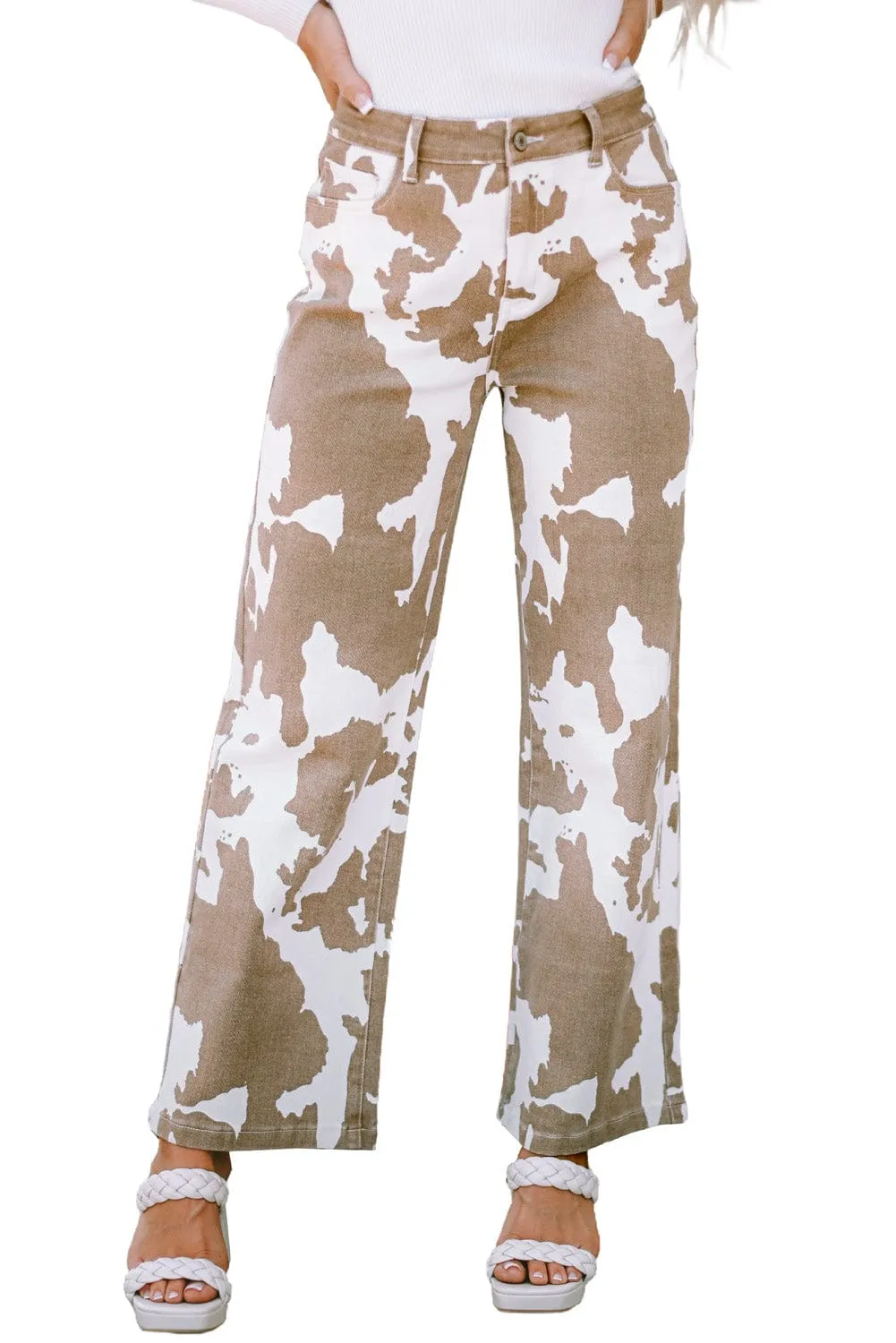 Brown and White Cow Print Flared Jeans