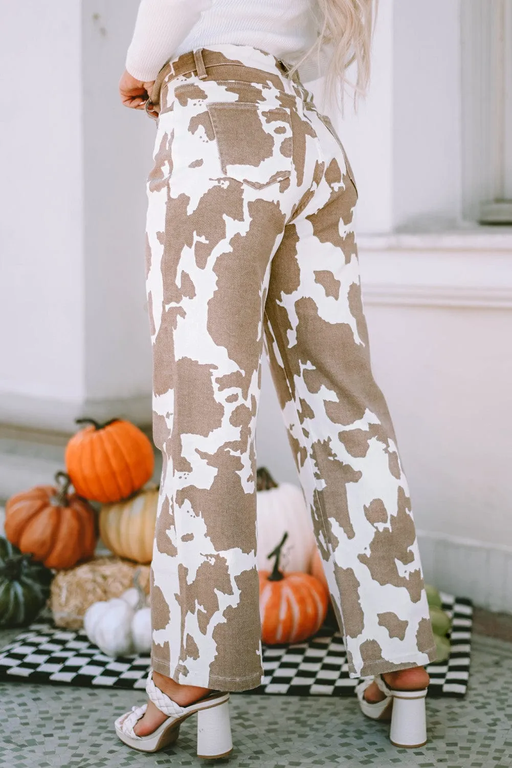 Brown and White Cow Print Flared Jeans