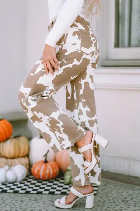 Brown and White Cow Print Flared Jeans