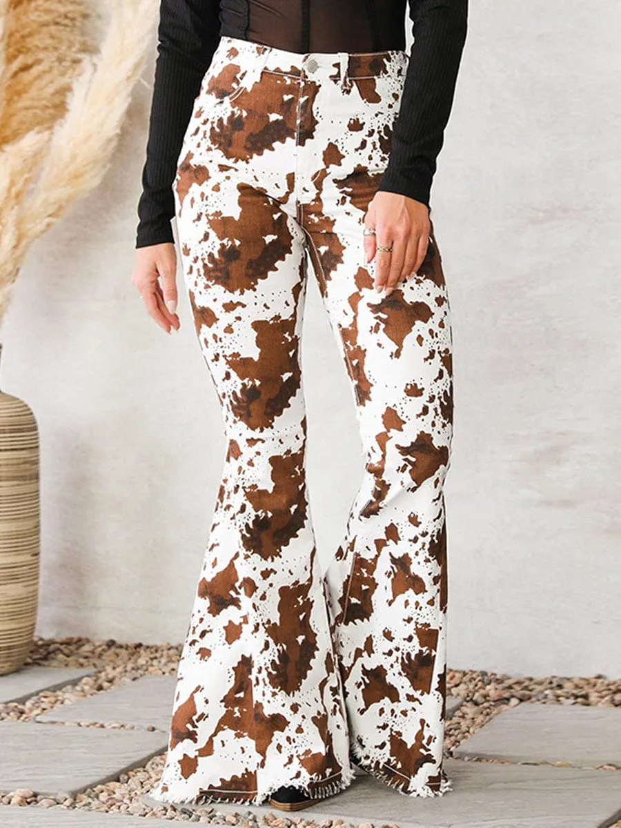 Brown and White Cow Print Flared Jeans