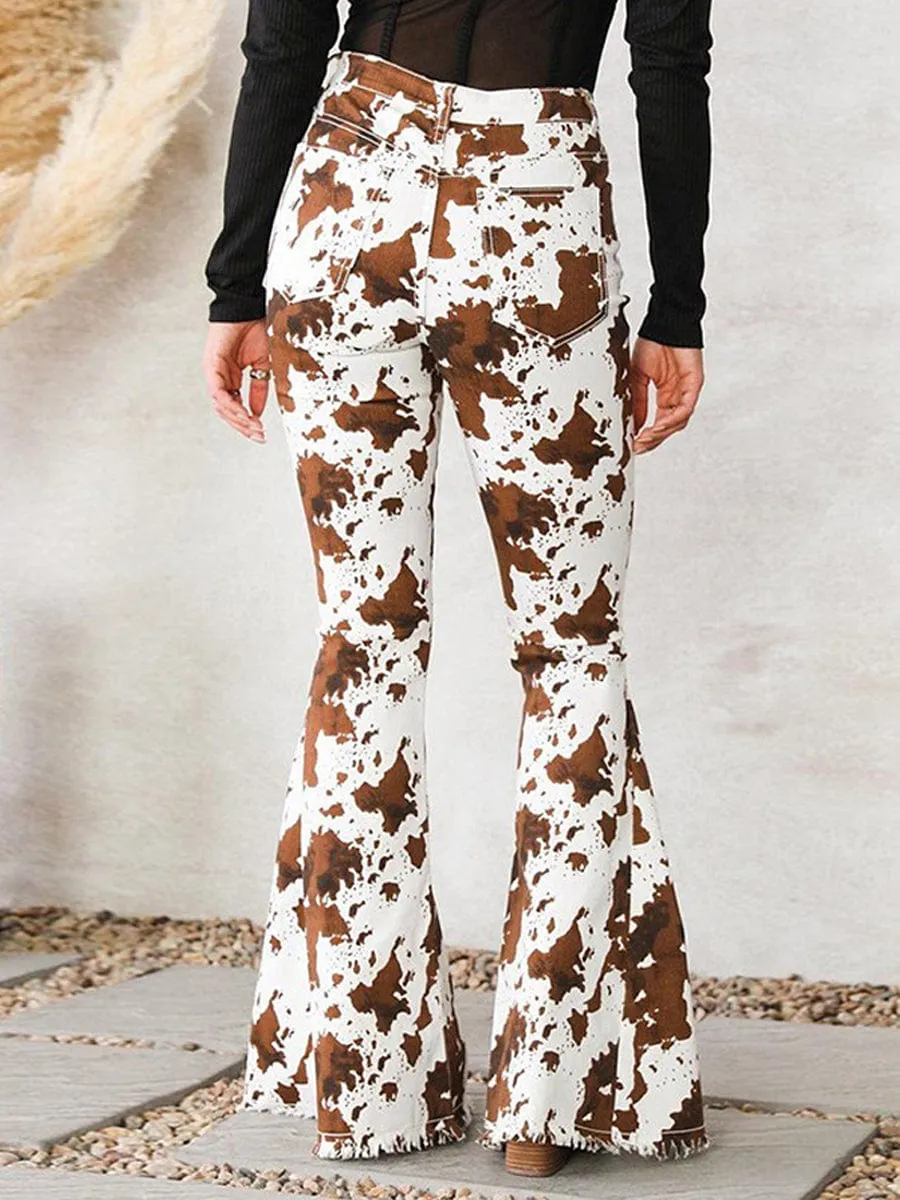 Brown and White Cow Print Flared Jeans