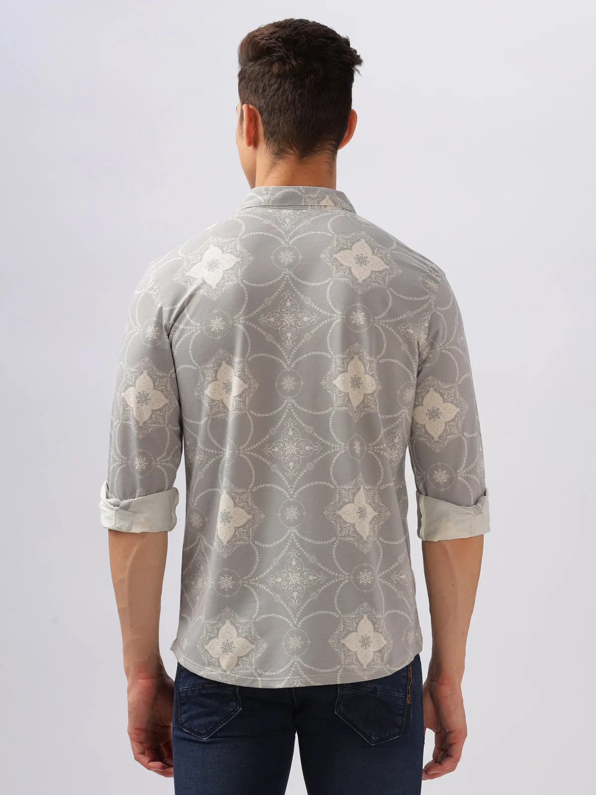 BULLMER Trendy Grey Regular Fit Printed Causal Full sleeve Shirt For Men.