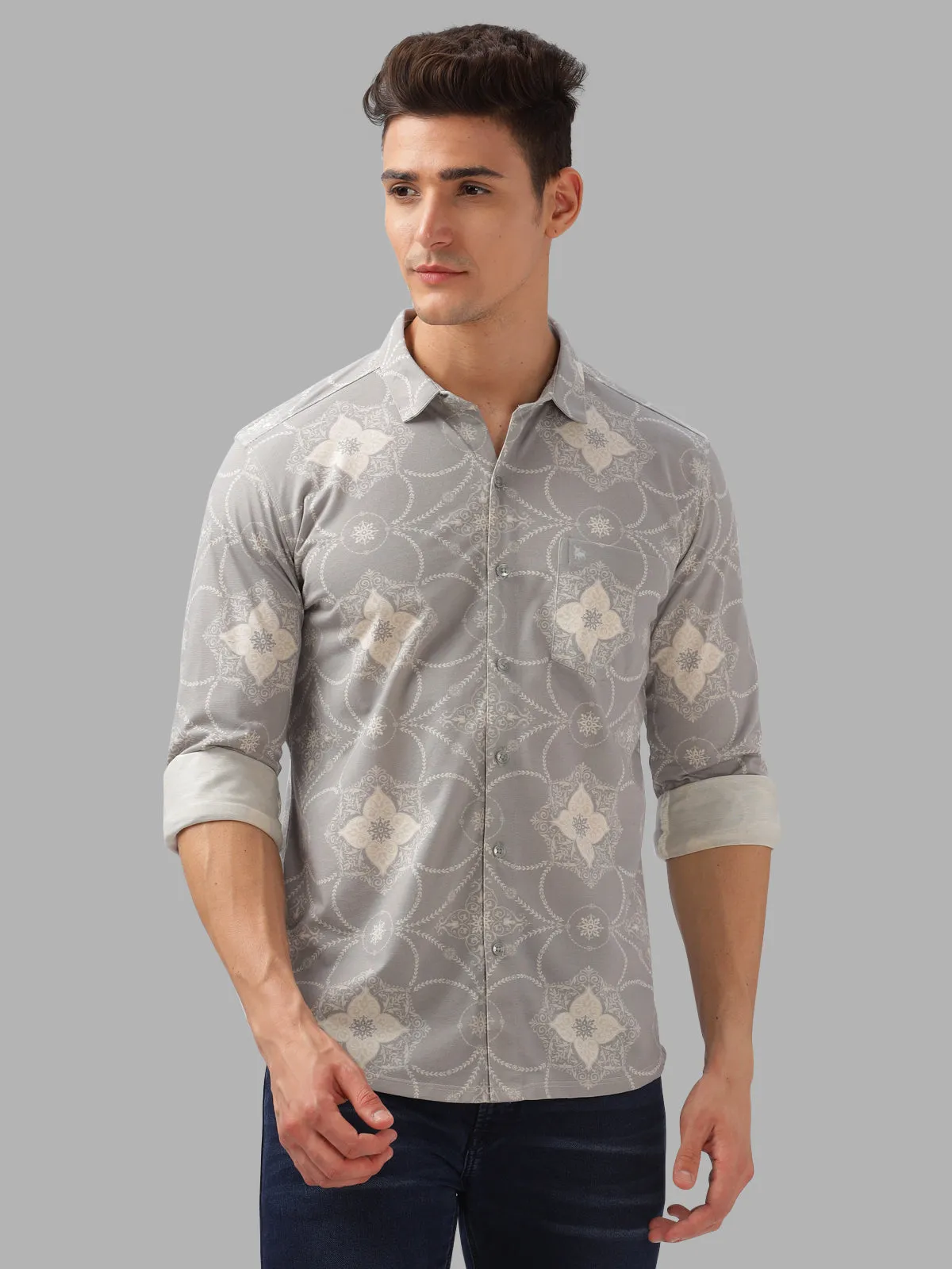 BULLMER Trendy Grey Regular Fit Printed Causal Full sleeve Shirt For Men.