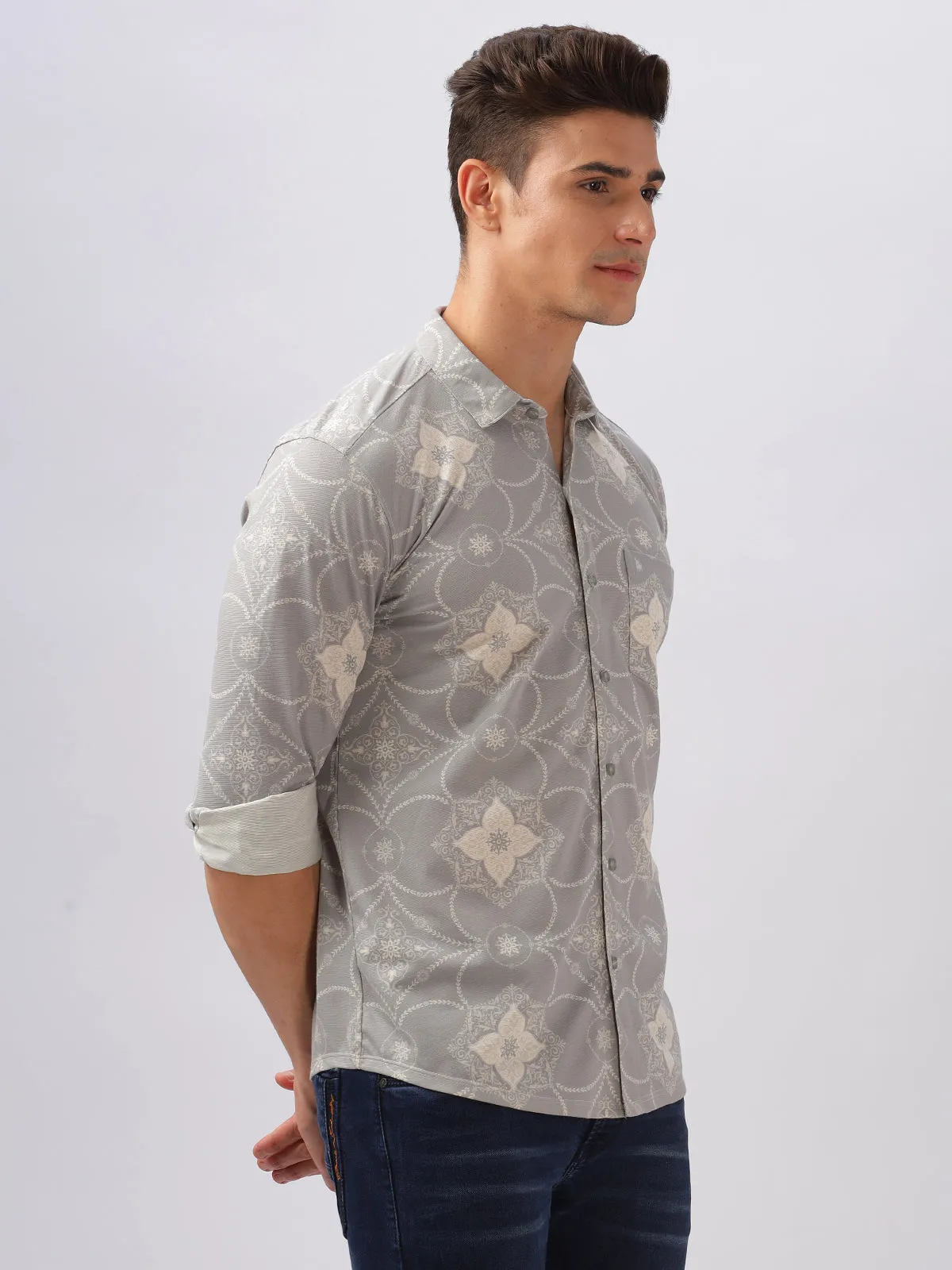 BULLMER Trendy Grey Regular Fit Printed Causal Full sleeve Shirt For Men.