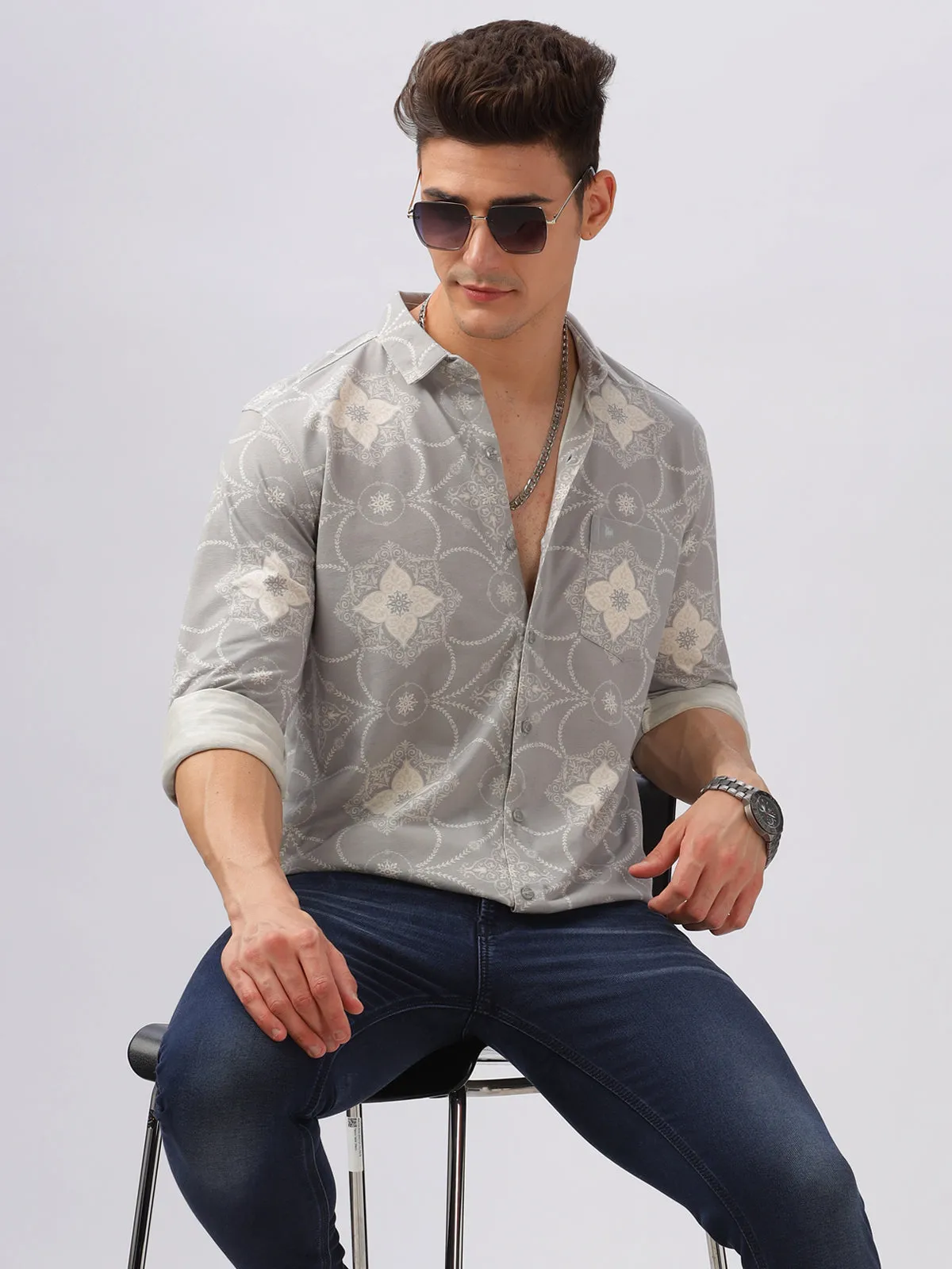 BULLMER Trendy Grey Regular Fit Printed Causal Full sleeve Shirt For Men.