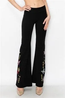 BUTTERFLY EMBROIDERED BLACK FLARED LEGGING