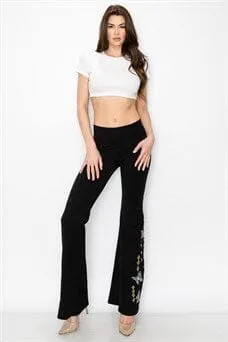 BUTTERFLY EMBROIDERED BLACK FLARED LEGGING