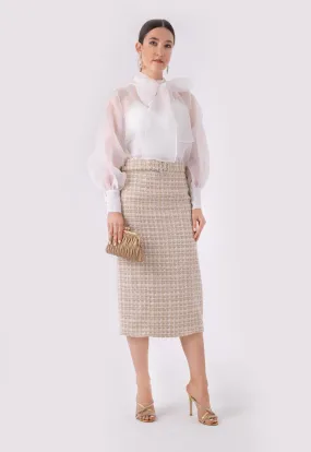 Choice Lurex Tweed Belted Long Skirt Beige