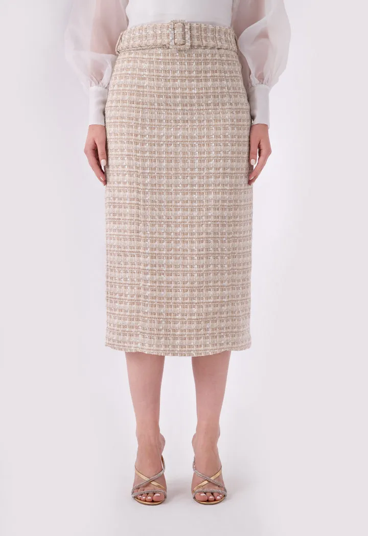 Choice Lurex Tweed Belted Long Skirt Beige