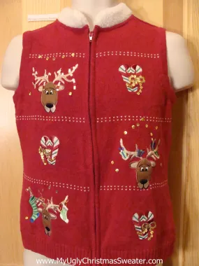 Christmas Sweater Vest with Reindeer and Furry Collar