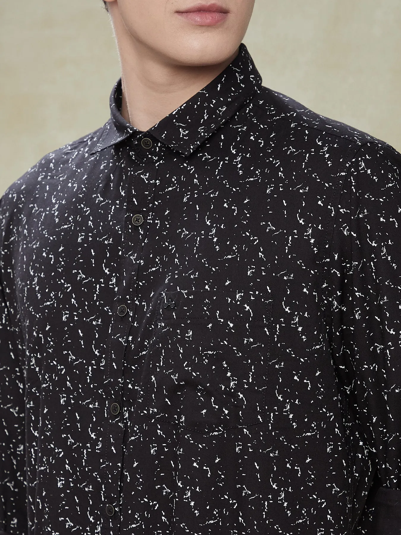 Cotton Tencel Black Printed Slim Fit Full Sleeve Casual Shirt