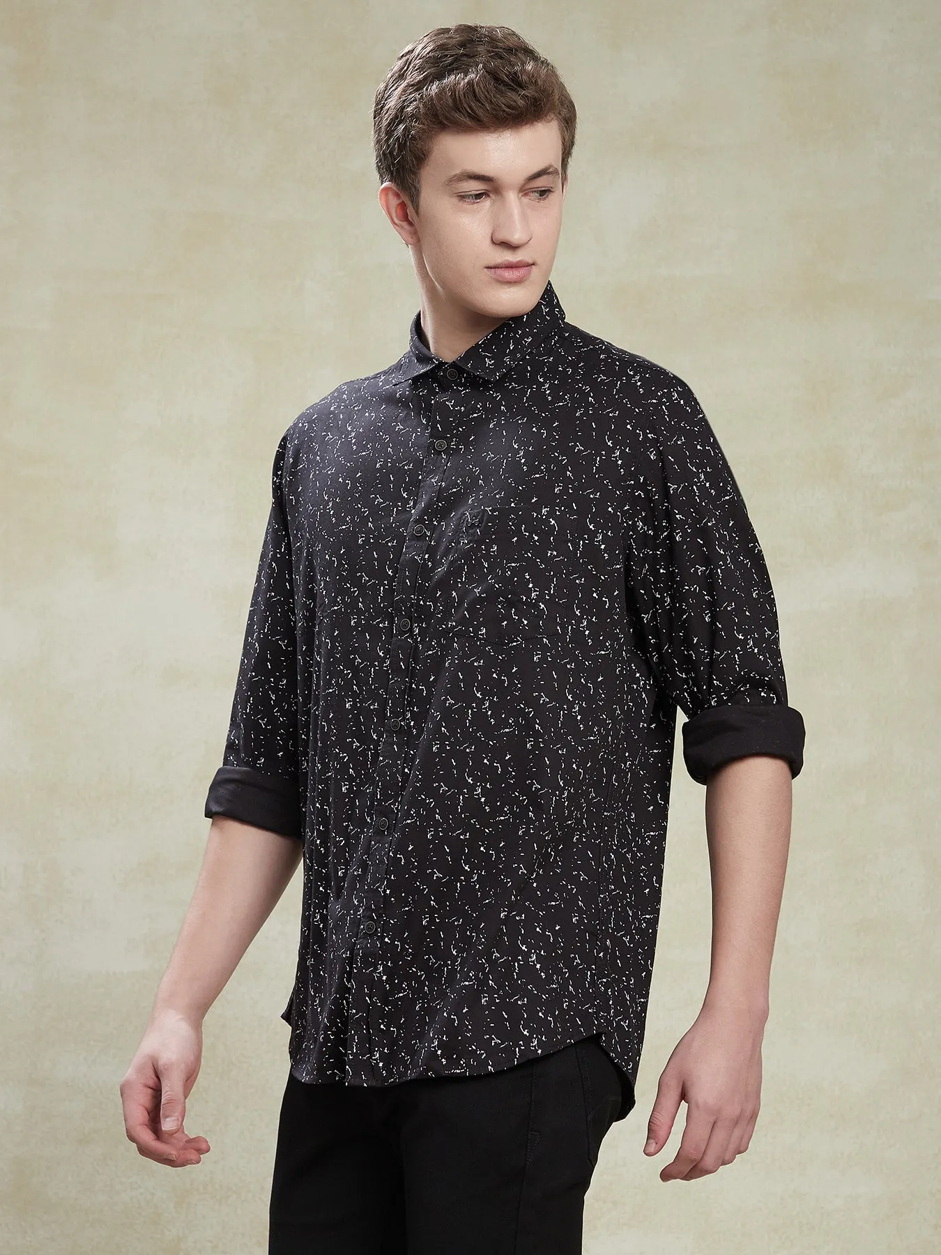 Cotton Tencel Black Printed Slim Fit Full Sleeve Casual Shirt