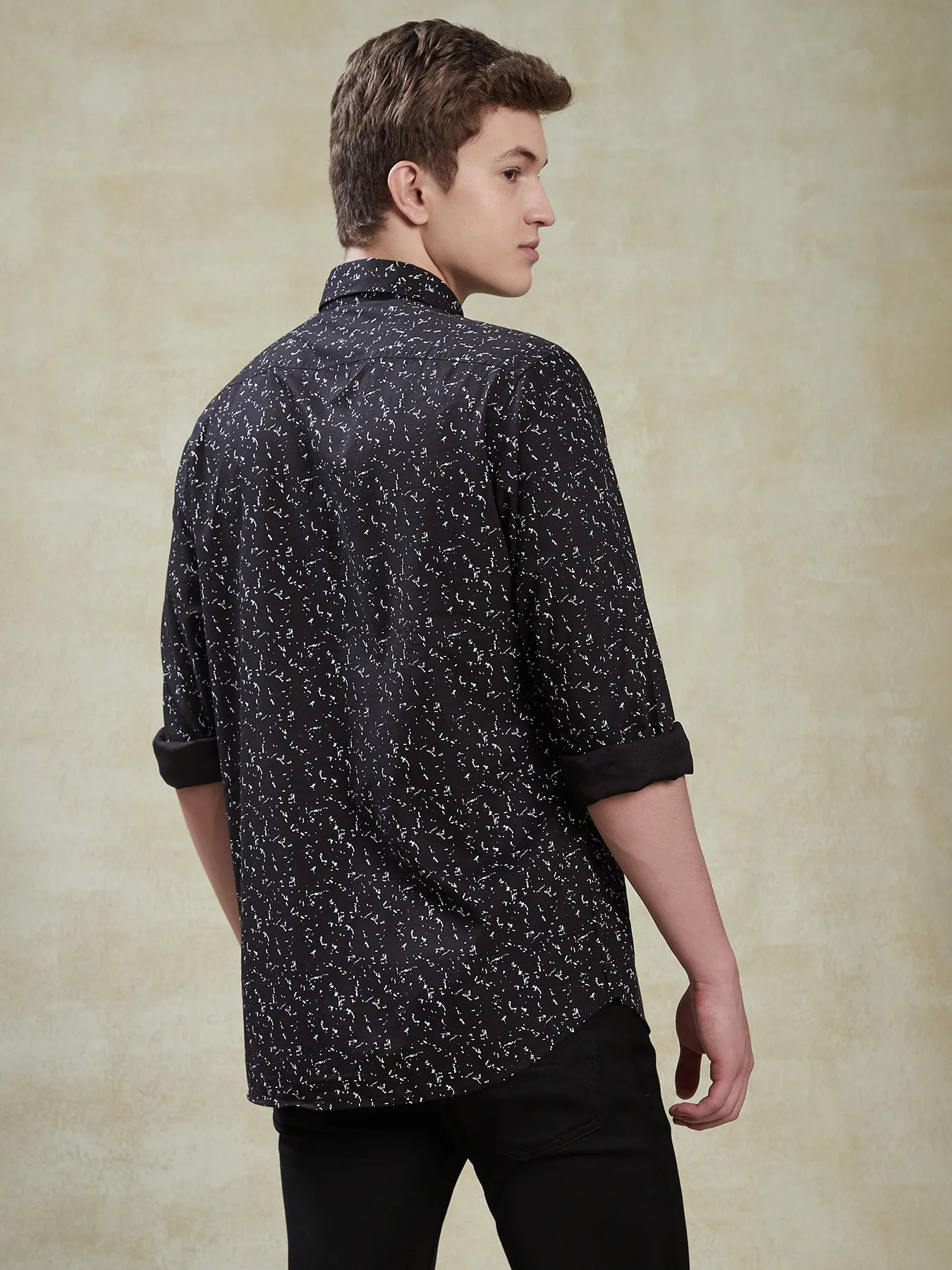 Cotton Tencel Black Printed Slim Fit Full Sleeve Casual Shirt