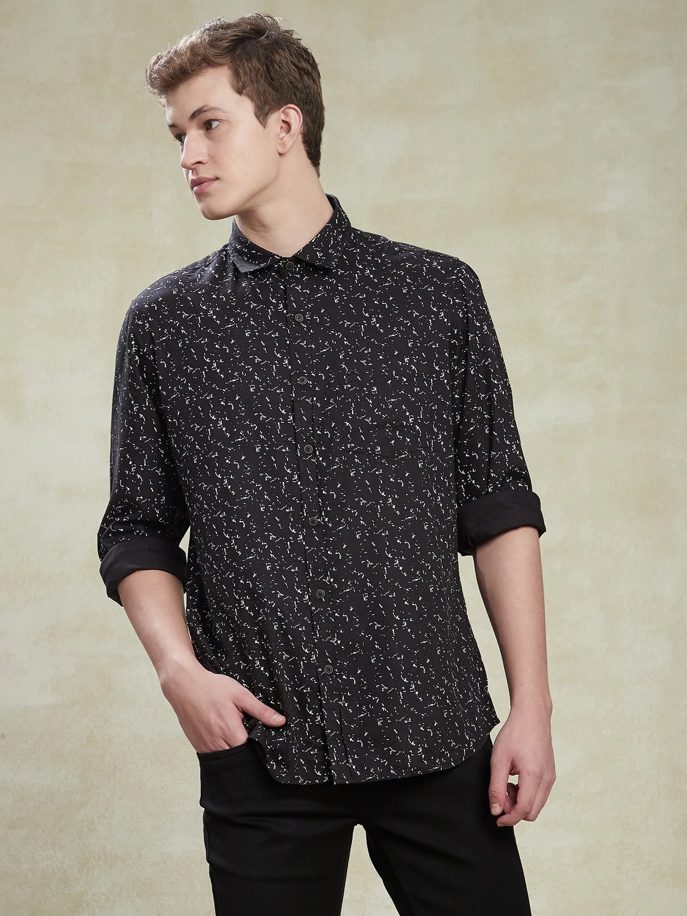 Cotton Tencel Black Printed Slim Fit Full Sleeve Casual Shirt