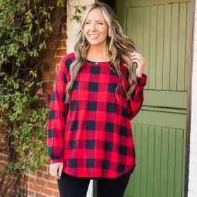 Curved Hem Slouchy Dolman Tunic, Red Plaid