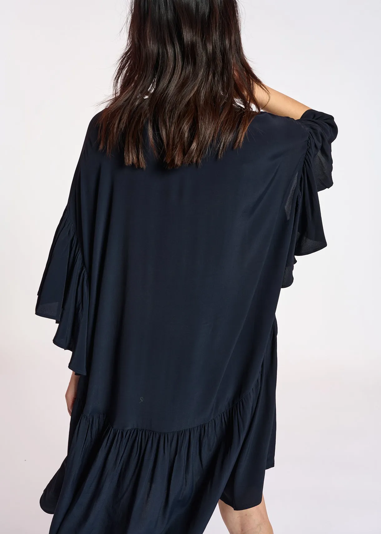 Dark blue mini dress with ruffled sleeves