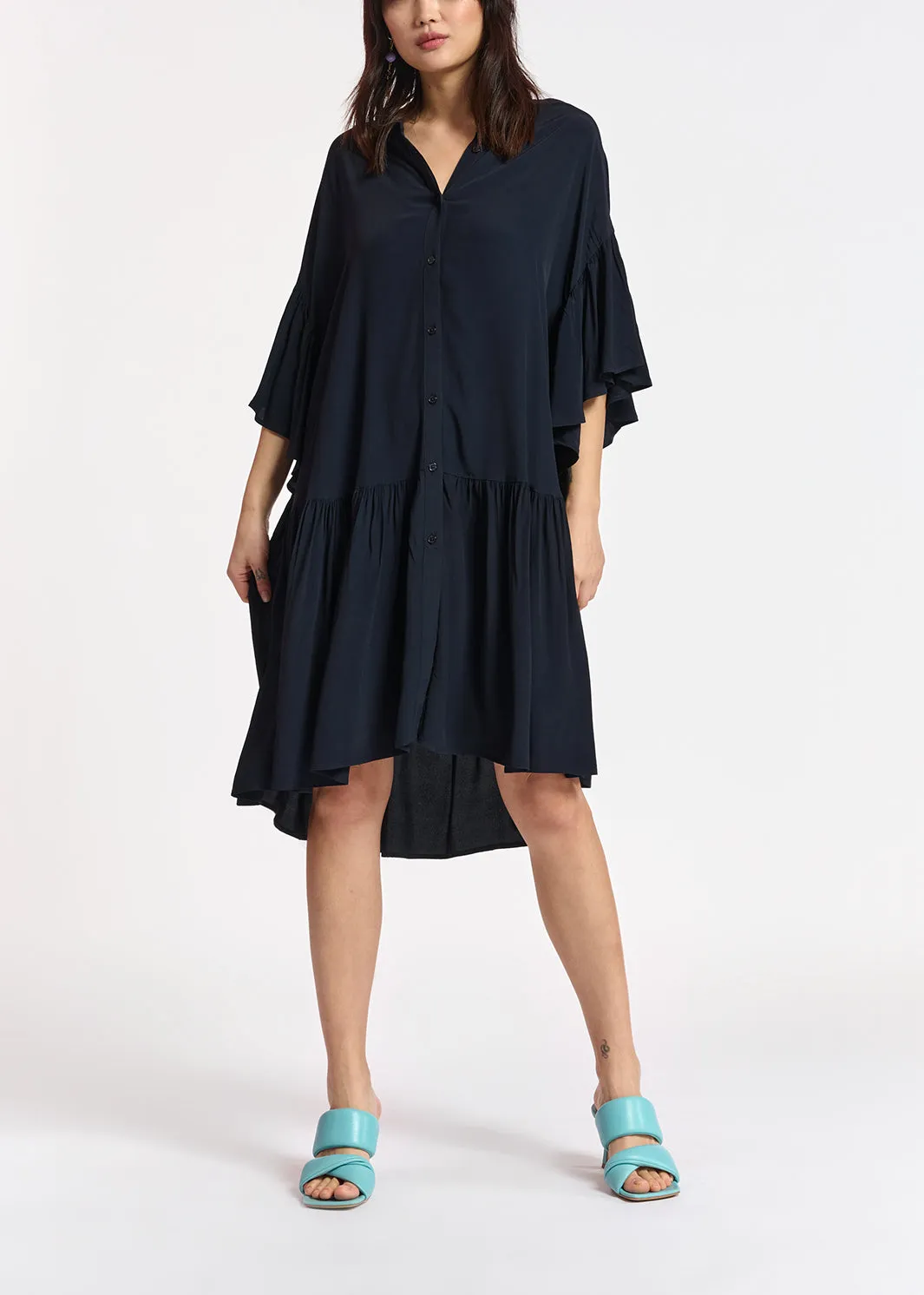 Dark blue mini dress with ruffled sleeves