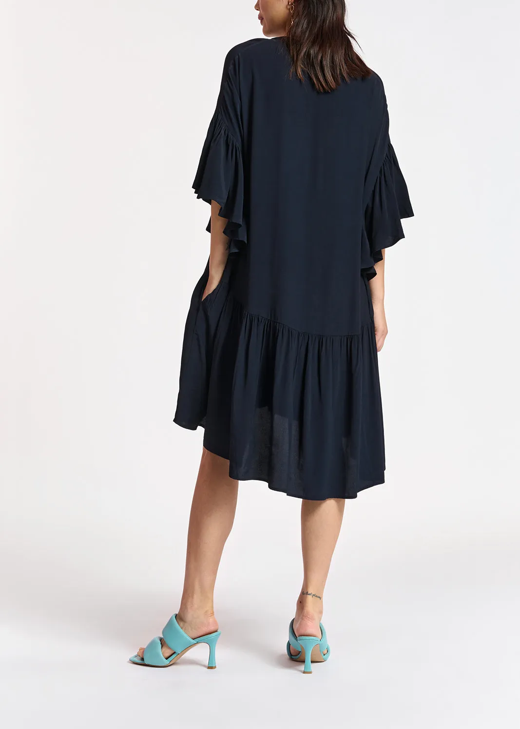 Dark blue mini dress with ruffled sleeves