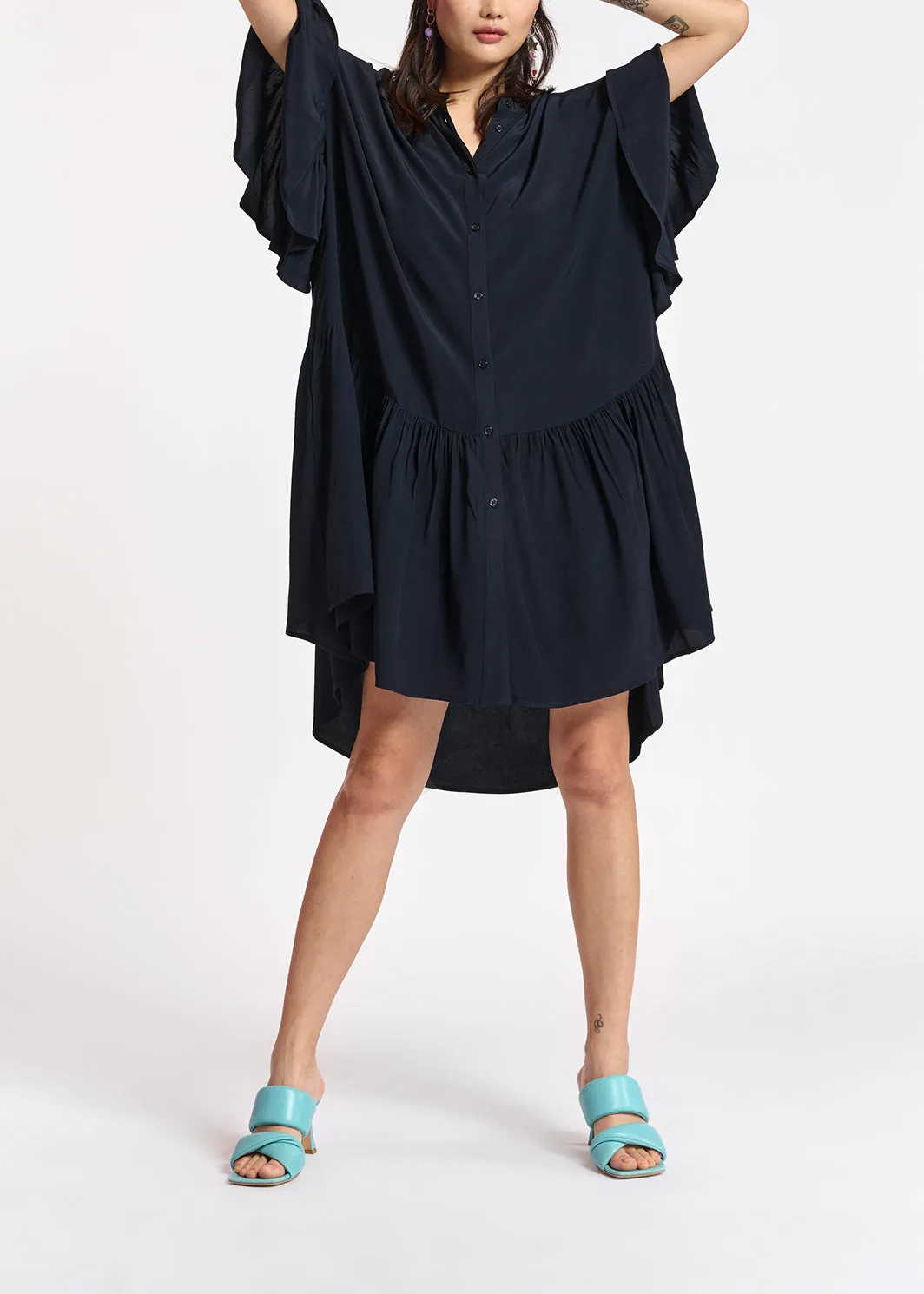 Dark blue mini dress with ruffled sleeves